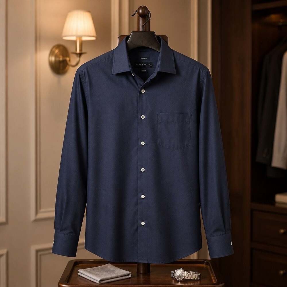 Pronto Uomo Non-Iron Navy Blue 100% Cotton Long Sleeve Dress Shirt #1336